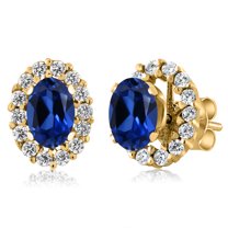 Gem Stone King 18K Yellow Gold Plated Silver Blue Created Sapphire Stud Earrings with Removable Jackets for Women (1.56 Cttw, Gemstone September Birthstone, Oval 6X4MM)