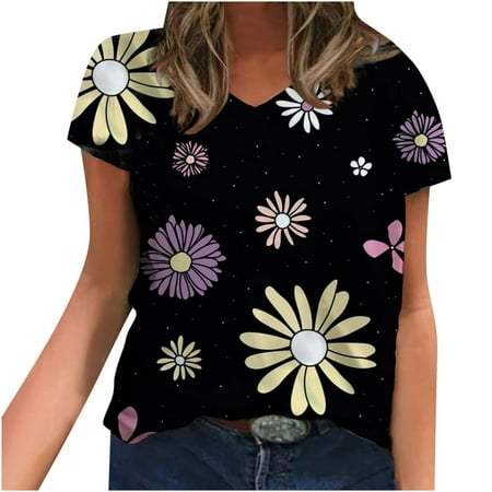 

TZNBGO Summer Tops for Women Elegant Women s V Neck Short Sleeve Printed Casual T-Shirt Blouse T-Shirt Top Black S Plus Size Summer Tops For Women Topsy Turvy Women Workout Tops Scrub6822