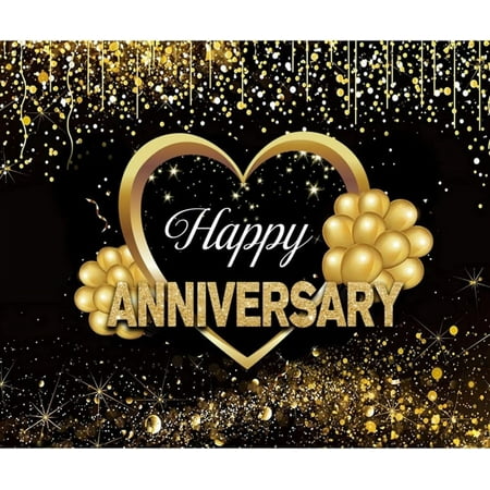Image of Anniversary Backdrop 10x8ft Fabric Gold Anniversary Party Decoration for Wedding Happy Anniversary Photography