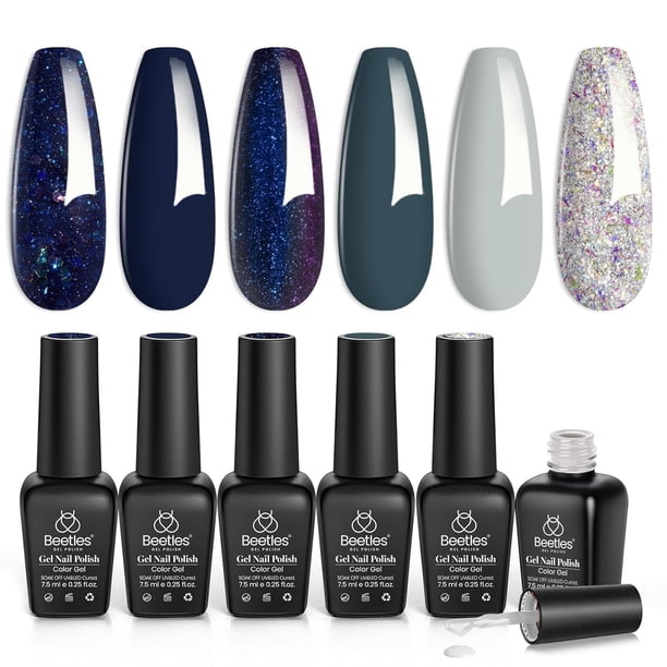 Set de esmaltes en gel Beetles Blue, 6 colores con purpurina