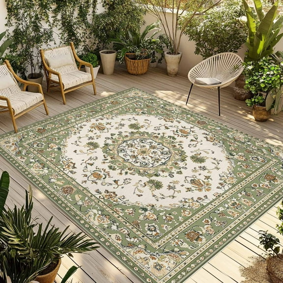 Fsddascl Sage Green Outdoor Rug for Patio/Deck/Porch, Non-Slip Large Area Rug 5 x 8 Ft, Southwest Tribal Antique Boho-Chic Country Indoor Outdoor Rugs Washable Area Rugs, Camping Rug Carpet