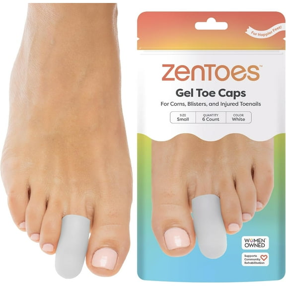 Zentoes 6 Pack Toe Gel Protector & Cap, Cushions & Protects Relief from Missing or Ingrown Toenails, Corns, Blisters, Hammer Toes (Small Toe, White)
