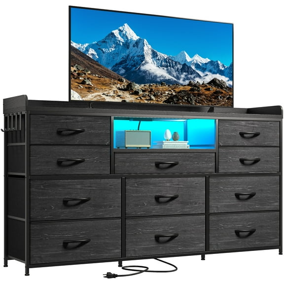Black Dresser for Bedroom with 11 Drawers for 60" TV Stand with LED Lights & Charging Station Wide Dresser with Shelves & 4 Hooks Sturdy Metal Frame & Fabric Drawers & Wood Top