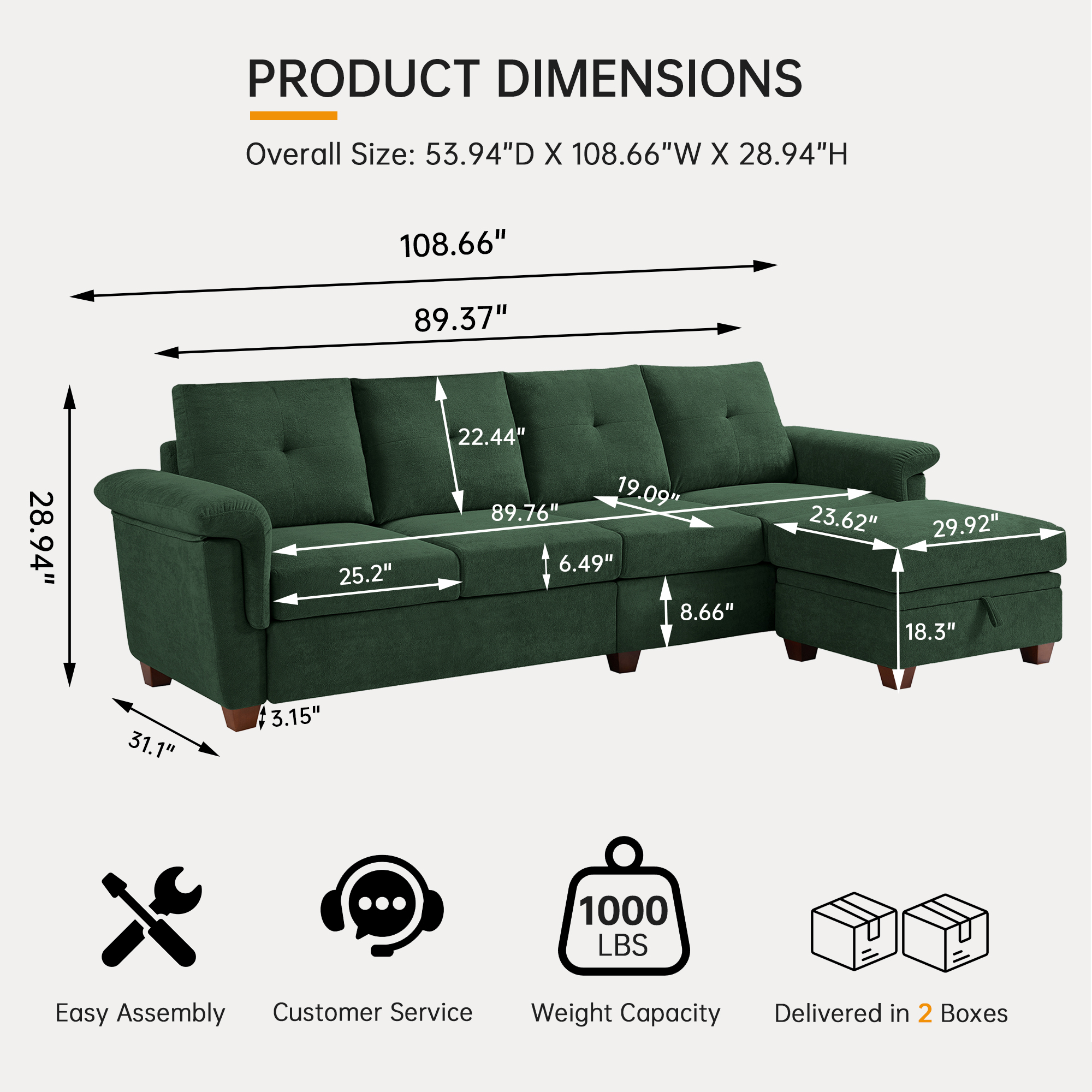 Jarenie HOME Corner Armchair, Convertible Sectional Sofa with Storage, 4 Seat L Shaped Couch, Modern Microfiber Fabric