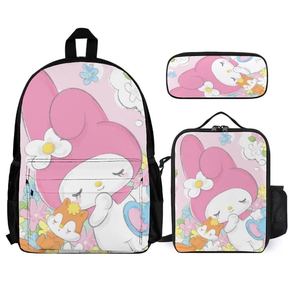 Kuromi And My Melody 3 Piece Backpack Set With Lunch Box And Pencilcase Casual Bookbag