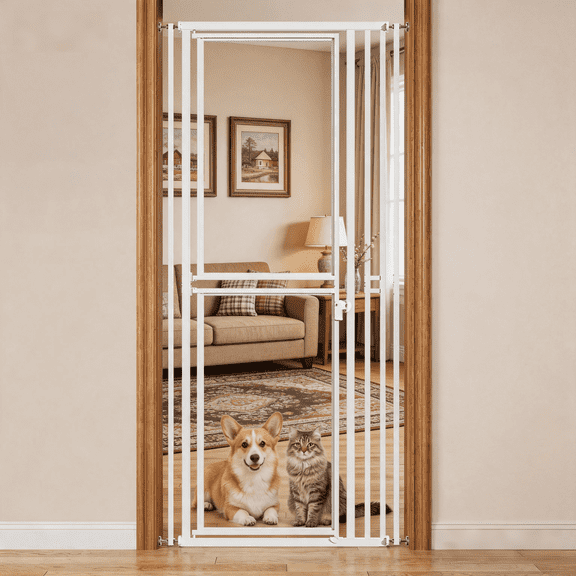 Mashelly 78"Extra Tall Clear Pet Gate, Adjustable 27.5” and 37" Wide, Auto Close, No Drilling, Pressure Mounted Dog Cat Barrier, White