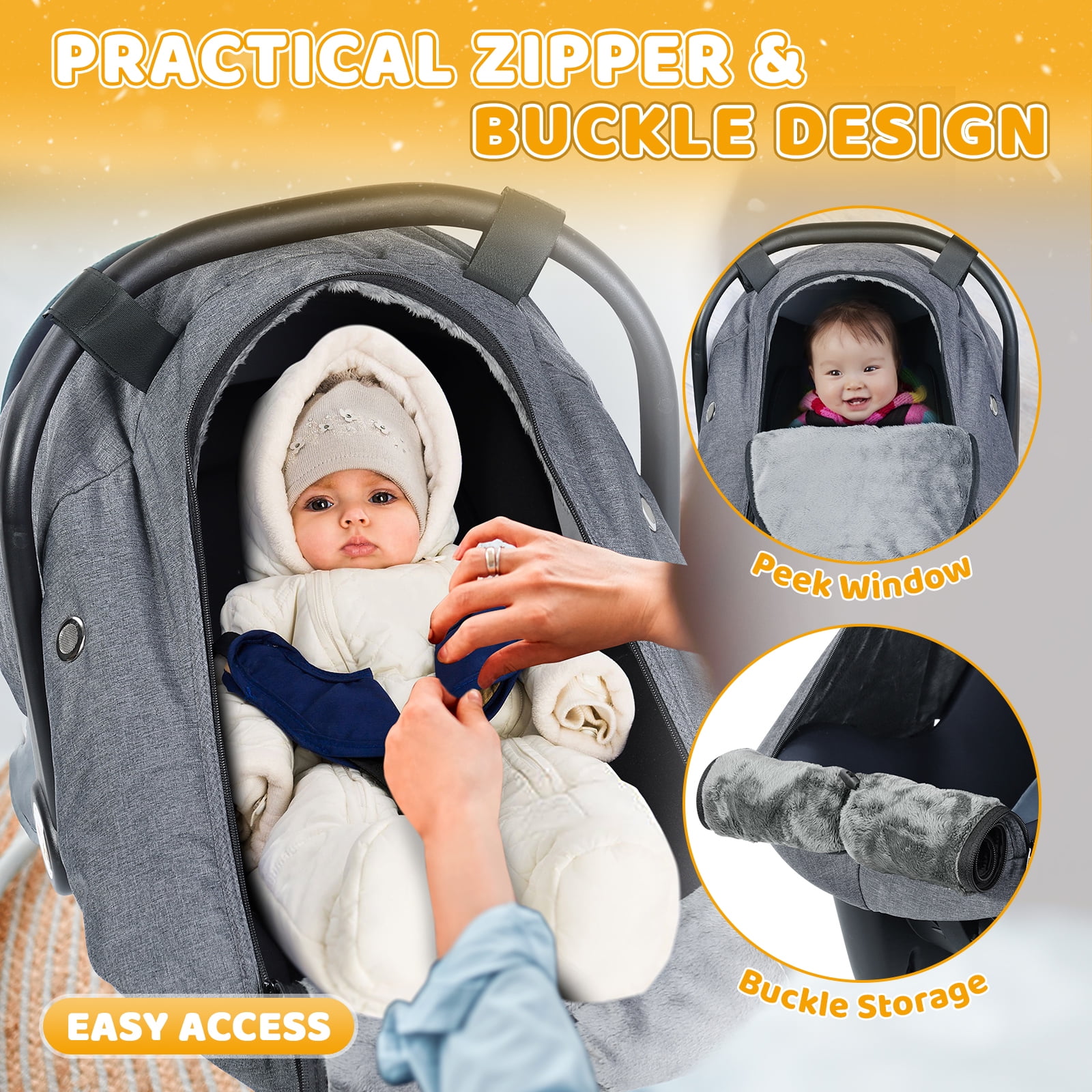 Orzbow Winter Baby Car Seat Cover with Front Zipper Door, Cold Weather Carseat Cover Canopy, Side Breathable, Rain, Snow and Wind Proof Car Seat Carrier Canopy Cover, Machine Washable, Light Grey