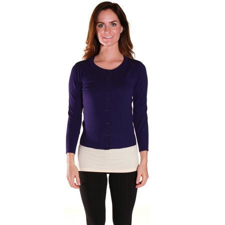 - Emmalise Women Basic Round Neck Button 3/4 Long Sleeve Knit Cardigan Sweater Top - Junior Sizing