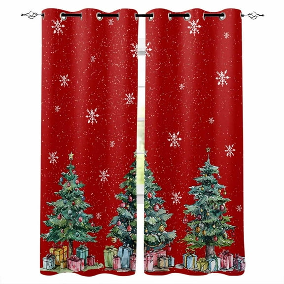 Hokiten Red Tree Christmas Blackout Curtains | Light Blocking Print Window Curtains, Xmas Snowflake Watercolor Thermal Insulated Window Drapes for Living Room Kitchen Cafe (2 Panels, 84"W x 84"L)