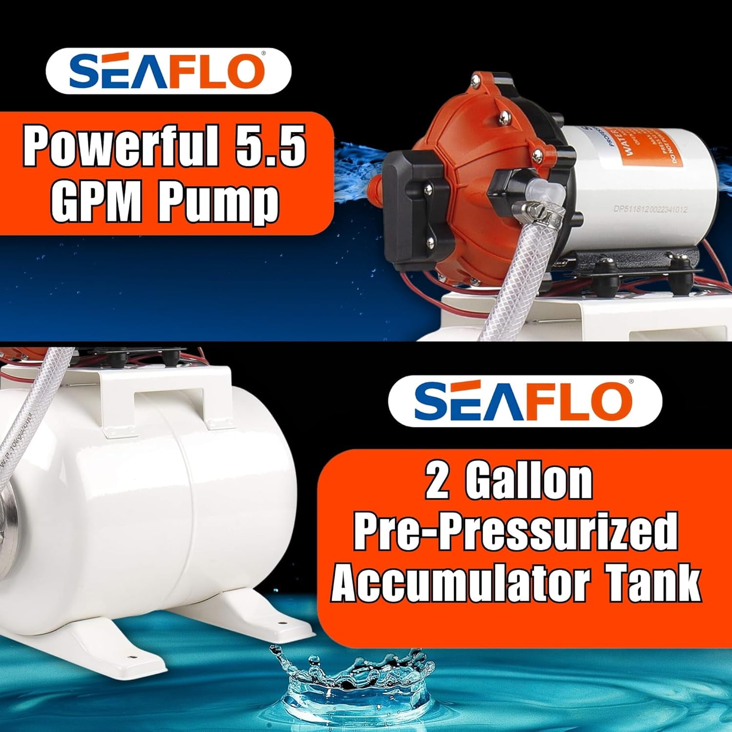 SEAFLO Marine Water Pump, 24V DC, 60 PSI, 5.5 GPM, 2 Gallon Accumulator Tank System