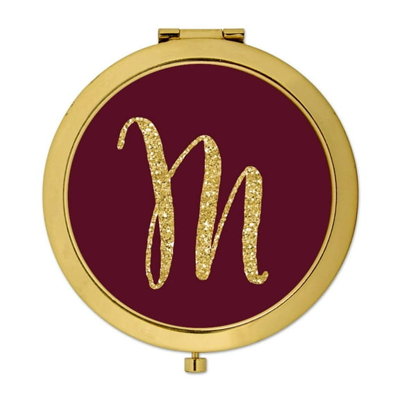 Koyal Wholesale Gold Compact Mirror Bridesmaid's Wedding Gift, Burgundy Maroon Jewel Tone , Monogram Letter M, 1-Pack