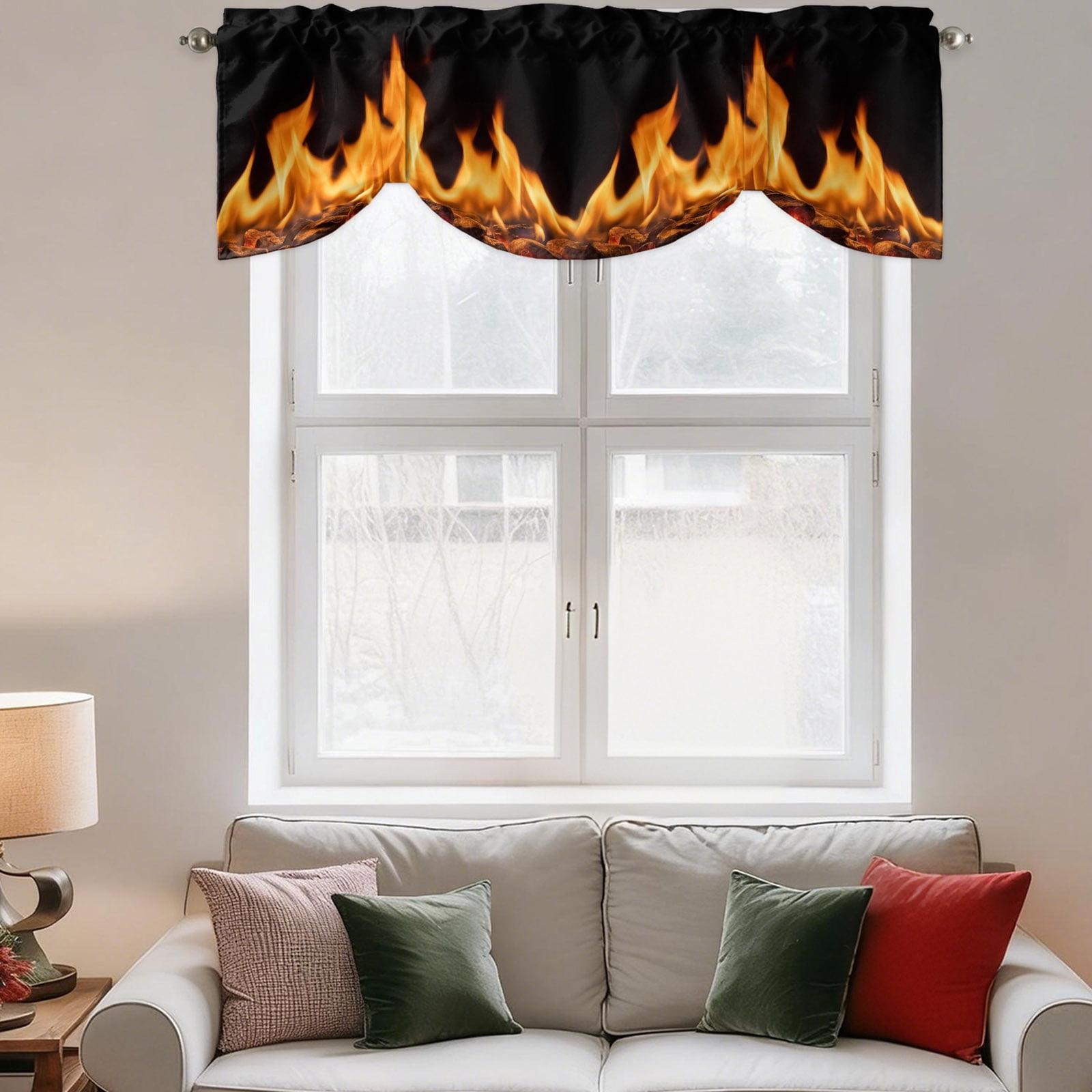Orange Flames Tie Up Valances Curtain, Neon Style Black Background Kitchen Valances for Windows Decor, Rod Pocket Short Curtains Set for Bedroom/Bathroom, 54"x18"