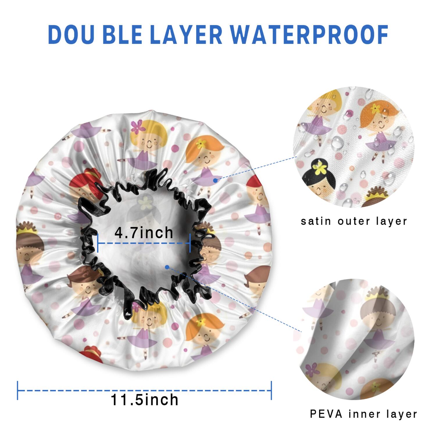 Shower Caps,Ballet Princess Girls Pattern Waterproof Shower Cap for Women 4 Pieces,Double Reusable Hair Cover for Shower PEVA Elastic Stretch Hem