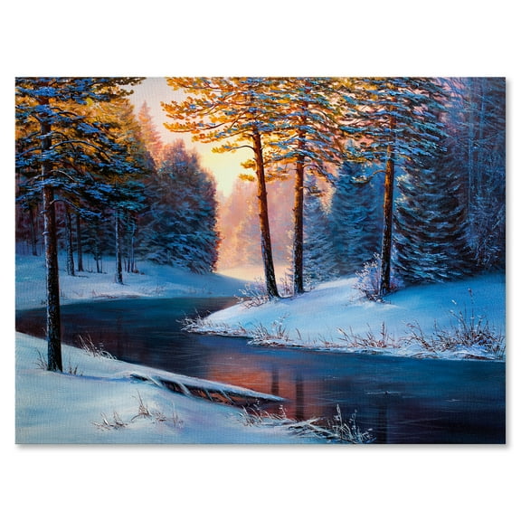 Designart ' Morning Glow Through The Christmas Forest By The River ' Lake House Canvas Wall Art Print