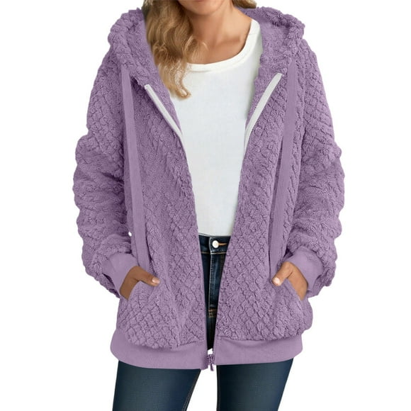 yardsong Surchemise en Molleton pour Femme, Veste à Capuche Sherpa Duveteuse Thermique Chaude en Peluche à Manches Longues, Manteau à Fermeture à Glissière avec Poches, Violet, G
