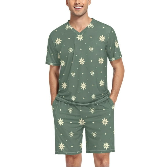 joogoo Men's Pajama Set Snowflakes Christmas Pattern V-Neck Pj Shorts Set 2 Piece Loungewear Sleepwear L
