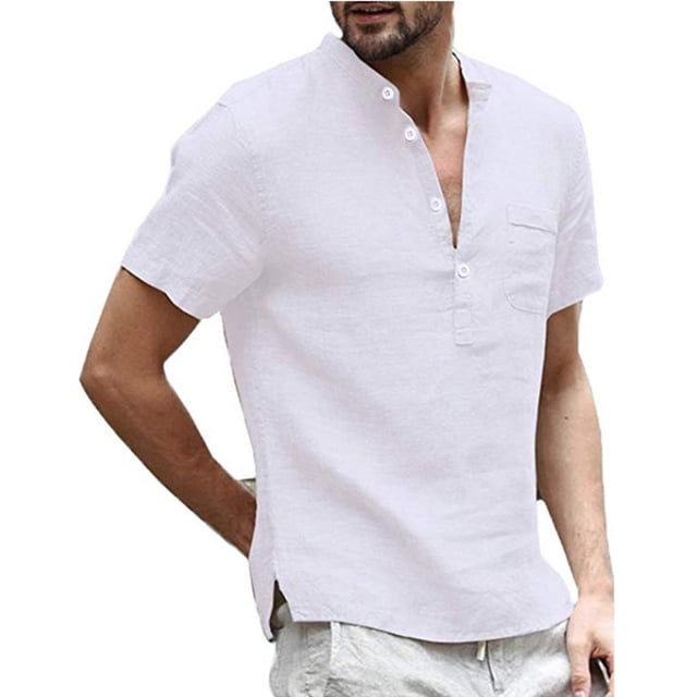 Verano De Los Hombres Camisetas Casual Algodón Lino Cuello En V Manga Corta Tops S-5XLpangjing