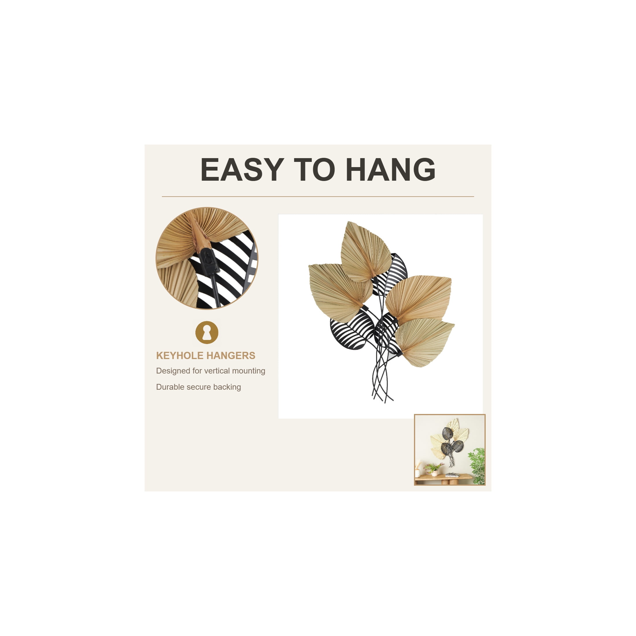 DecMode Brown Rattan Layered Leaf Palm Tree Wall Decor with Black Metal Cutout Leaf Accents
