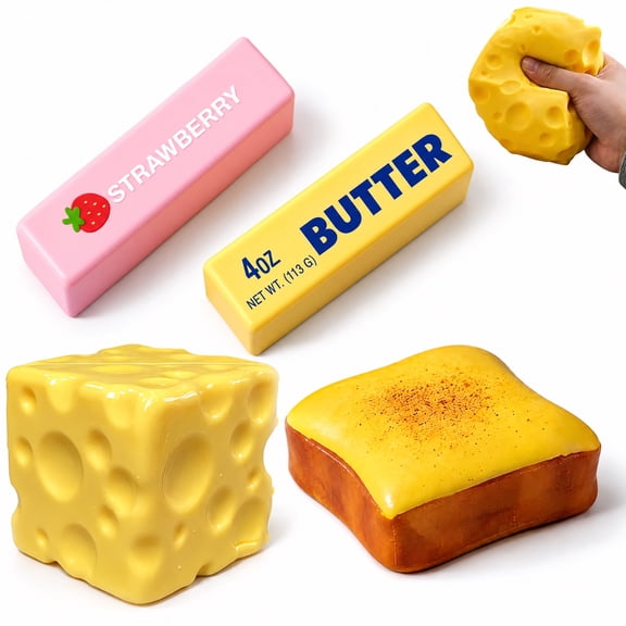 jQMUHLC 4 Piece Slow Rising Squishy Toy Set: Cheese, Toast, Pink Butter, Yellow Butter, Stress Relief Squeeze Toys for Adults, Birthday Party Favors