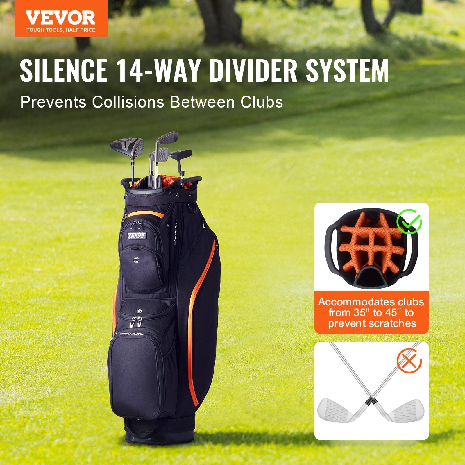 Golf Cart Bag with 14 Way Organizer Divider Top, 36' 13 Pockets Premium Cart Bag, Durable Golf Bags with Handles & Dust Cover & Detachable Straps for Men & Women, Black & Orange