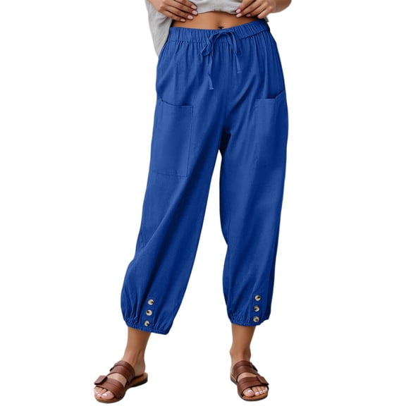 Bibifish Womens Pants Drawstring Waist Side Pocket Lightweight Pants With Button Detail Hem Loose Fit Casual Outings Comfortable Pants