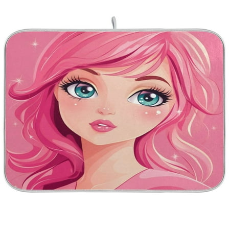 

Kitchen Drying Mat 16x18In Drying Dish Mat Dish Drying Mats Kitchen Countertop Multi-Function Drain Drying Mat Kitchen Table Pink Cartoon Girl