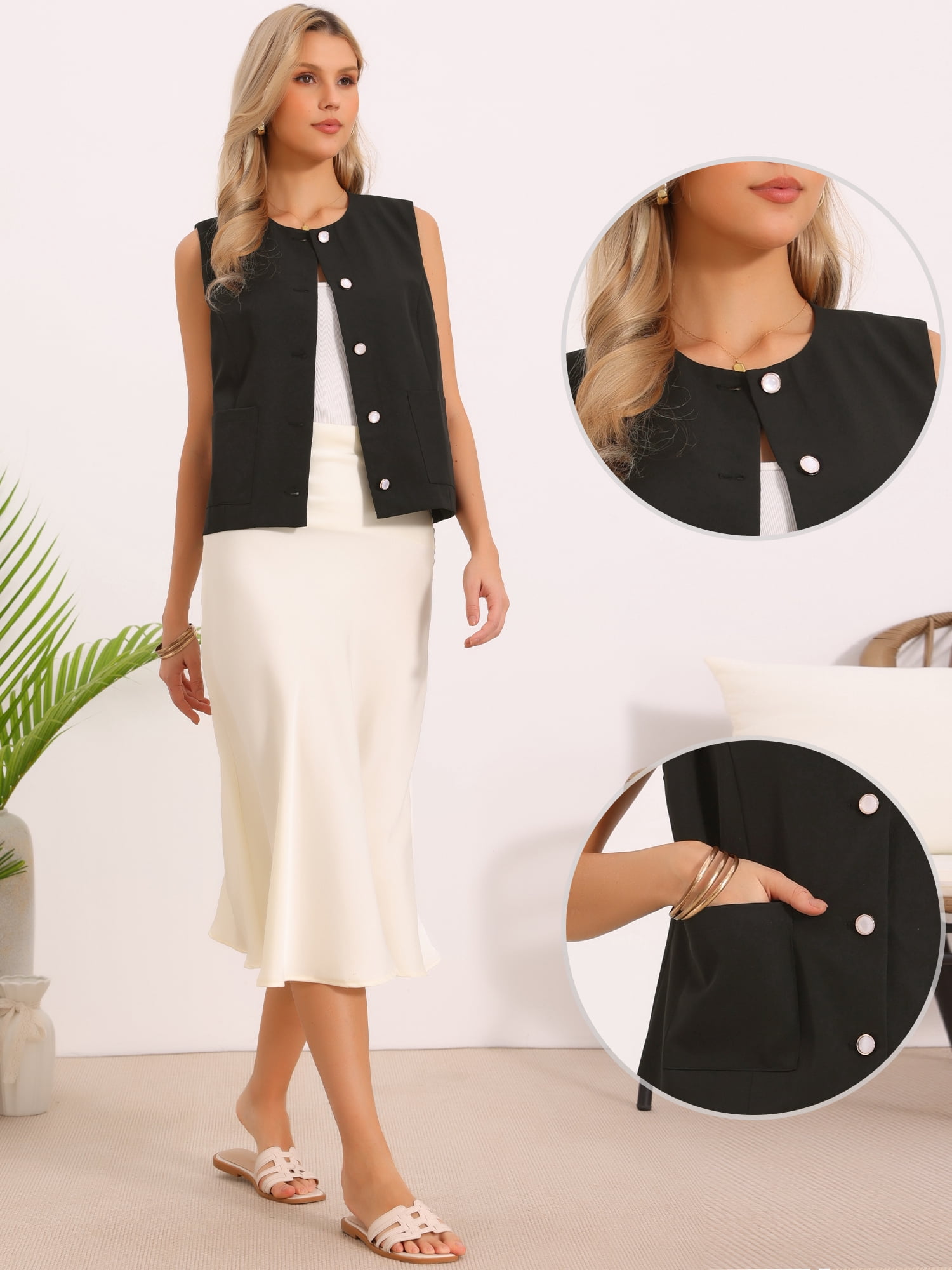 DARING DIVA Women's Sleeveless Button Down Loose Fit Waistcoat Top XL Black