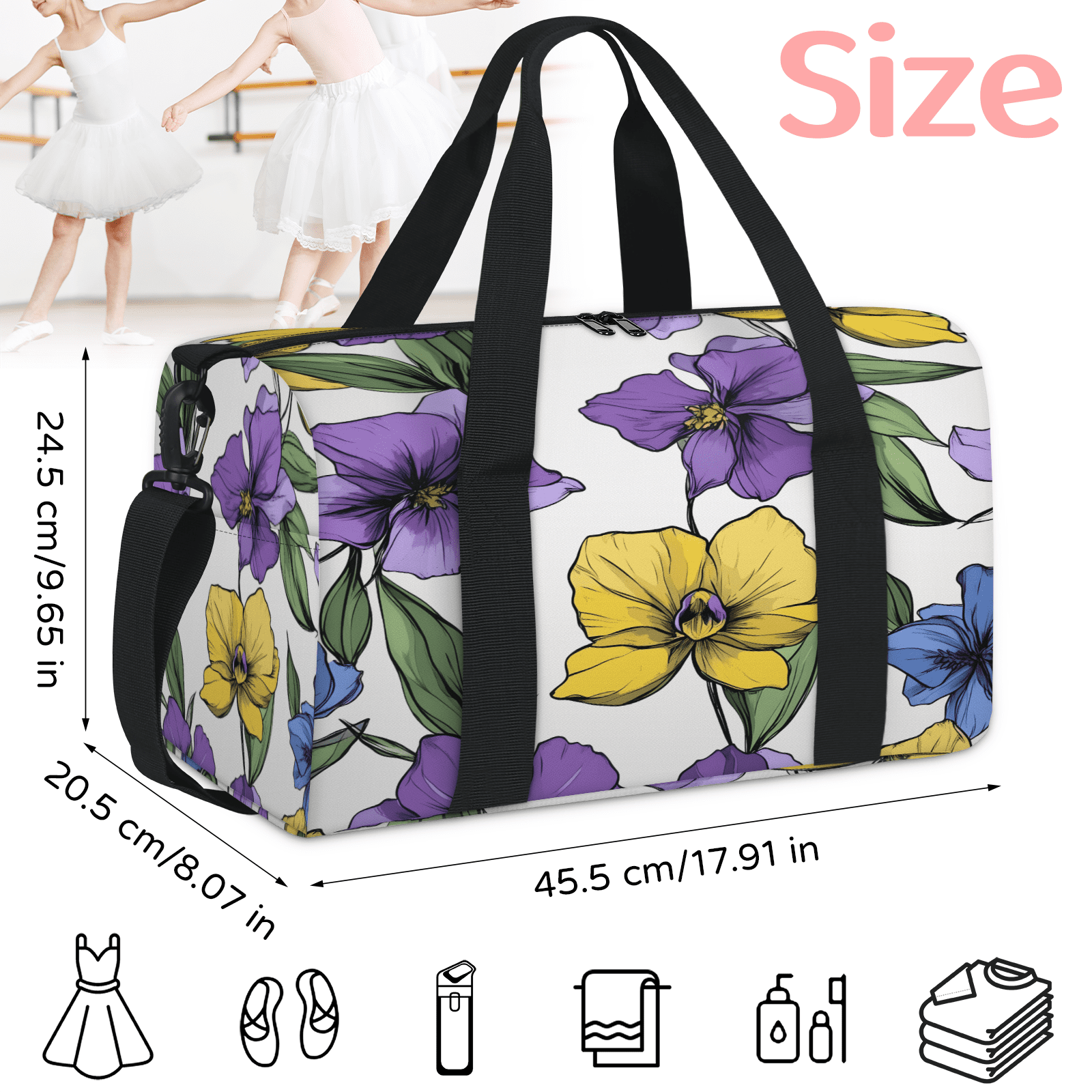 Herdesigns Floral Travel Duffle Bag Sports Yoga Weekender Overnight Carry on Workout Bags Lightweight Waterproof Gym Tote Bag for Women Colorful Floral