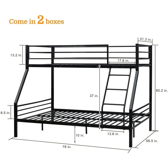 Twin Over Full Bunk Bed with Stairs & Flat Rungs Heavy Duty Metal Slat No Box Spring Needed Black