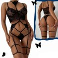 thumbnail image 2 of Conjunto de lencería de 3 piezas con liguero para mujer, con tiras, encaje transparente, cuello halter, cintura alta, conjunto de ropa interior negro XL, 2 of 12