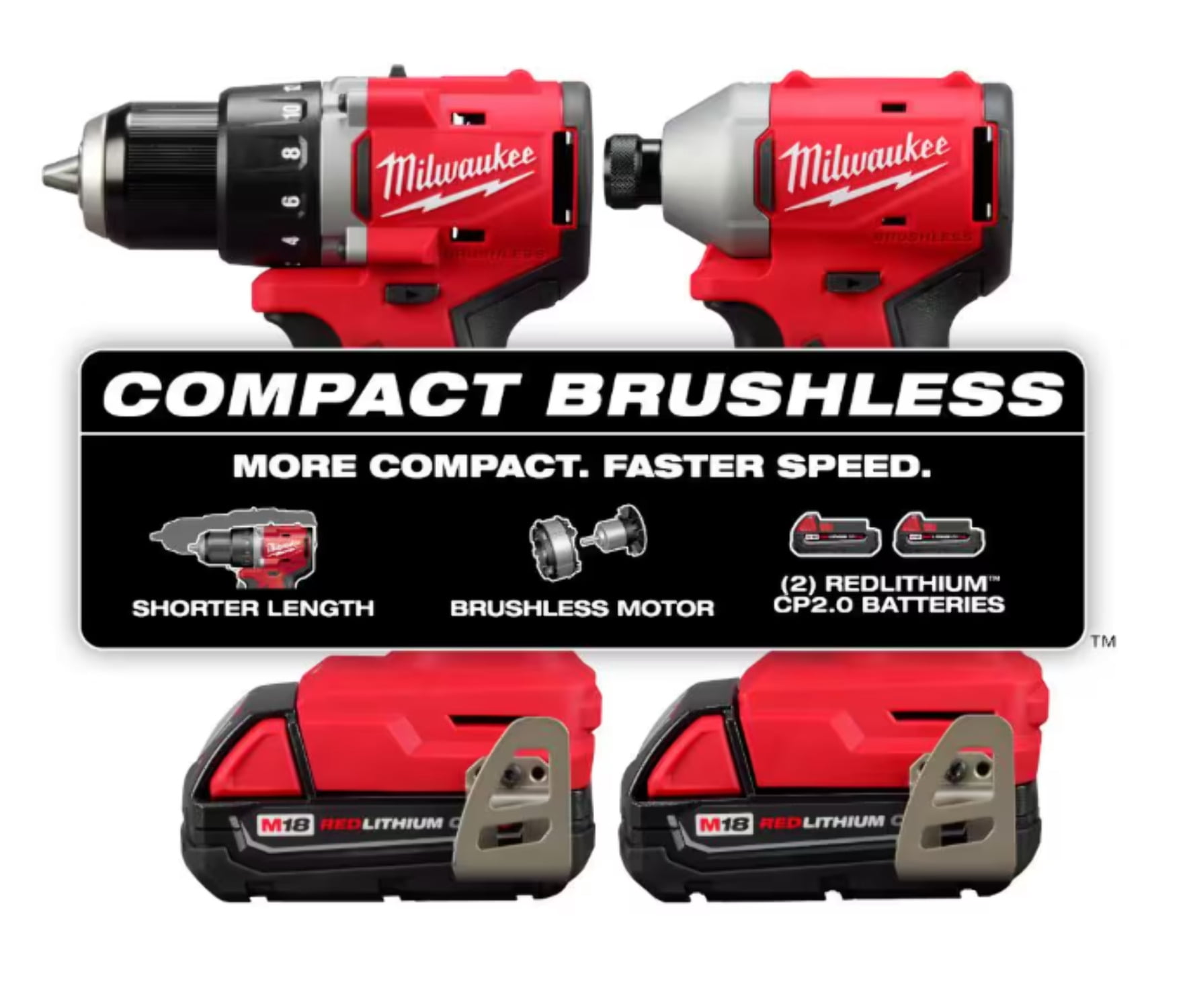 MILWAUKEE M18 Compact Brushless 2-Tool Combo Kit (3692-22CT) – Drill & Impact Driver Set with (2) Batteries, Charger & Bag