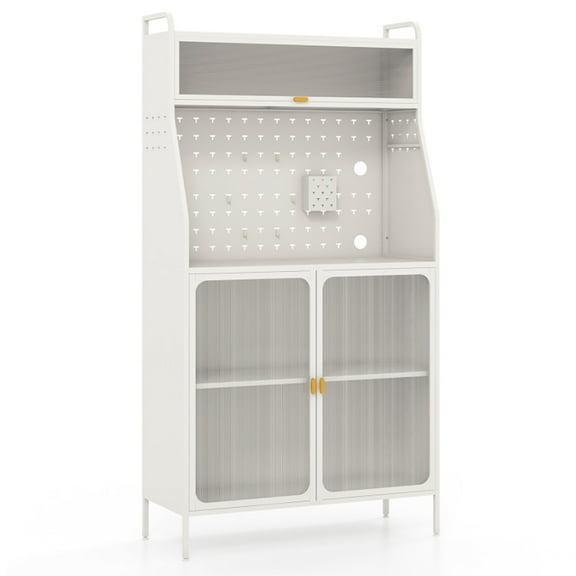 Yardi Yard 5-Tier Metal Baker's Rack with See-through Flip-up Door and Pegboard-White, Bakers Rack Kitchen Storage Shelf for Spices, Pots, and Pans