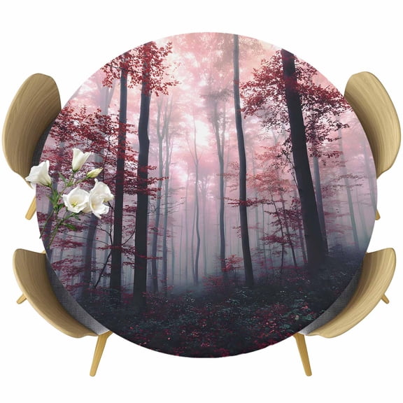 Red Forest Round Tablecloth, Fitted Table Cover with Elastic for 55"-60" Round Tables, Mysterious Vintage Foggy Woods Tree Table Cloth Outdoor Indoor Dinning Party Waterproof Tablecloths