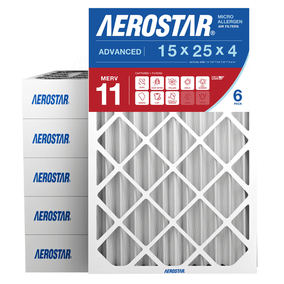 Aerostar 15x25x4 MERV 11 AC Furnace Air Filter, Pleated HVAC Filter, MPR 1000 FPR 7, Allergen Defense, 6-Pack, Made in USA
