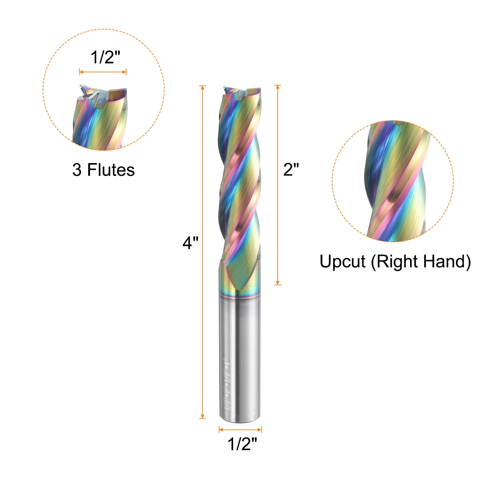 Uxcell Spiral Router Bit 1/2" x 2" x 1/2" x 4" 3 Flutes Solid Carbide Diamond-Like Carbon Coated CNC End Mill Bit