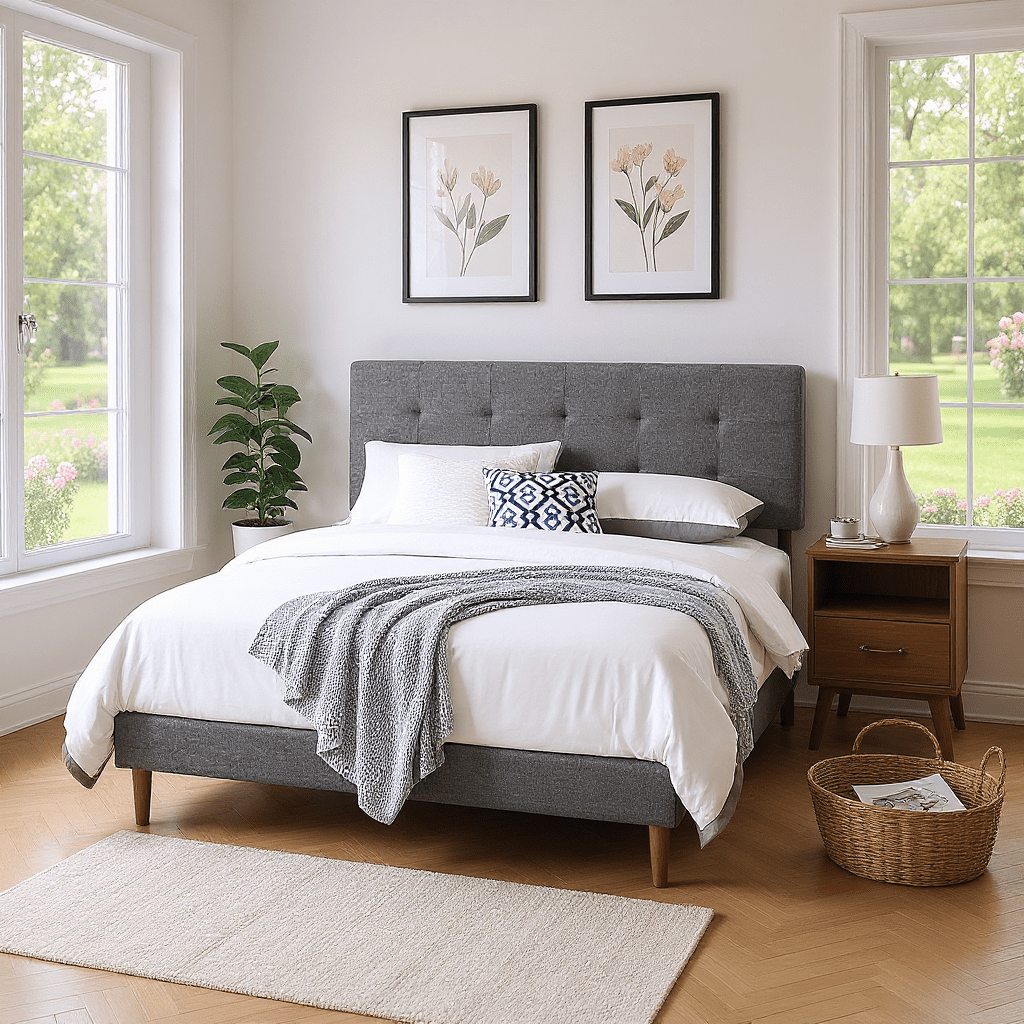 Gewnee King Size Bed Frame with Upholstered Adjustable Headboard,Linen Platform Bed with Wood Slats Support,No Box Spring Needed.Gray