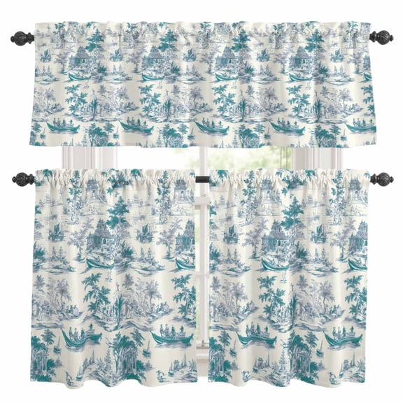 Green Garden Vintage Kitchen Curtains Sets for Windows 24 Inch Length, Modern Art Building Boat Tree Rod Pocket Window Treatments Tier Curtains and Valances Set for Bedroom/Bathroom
