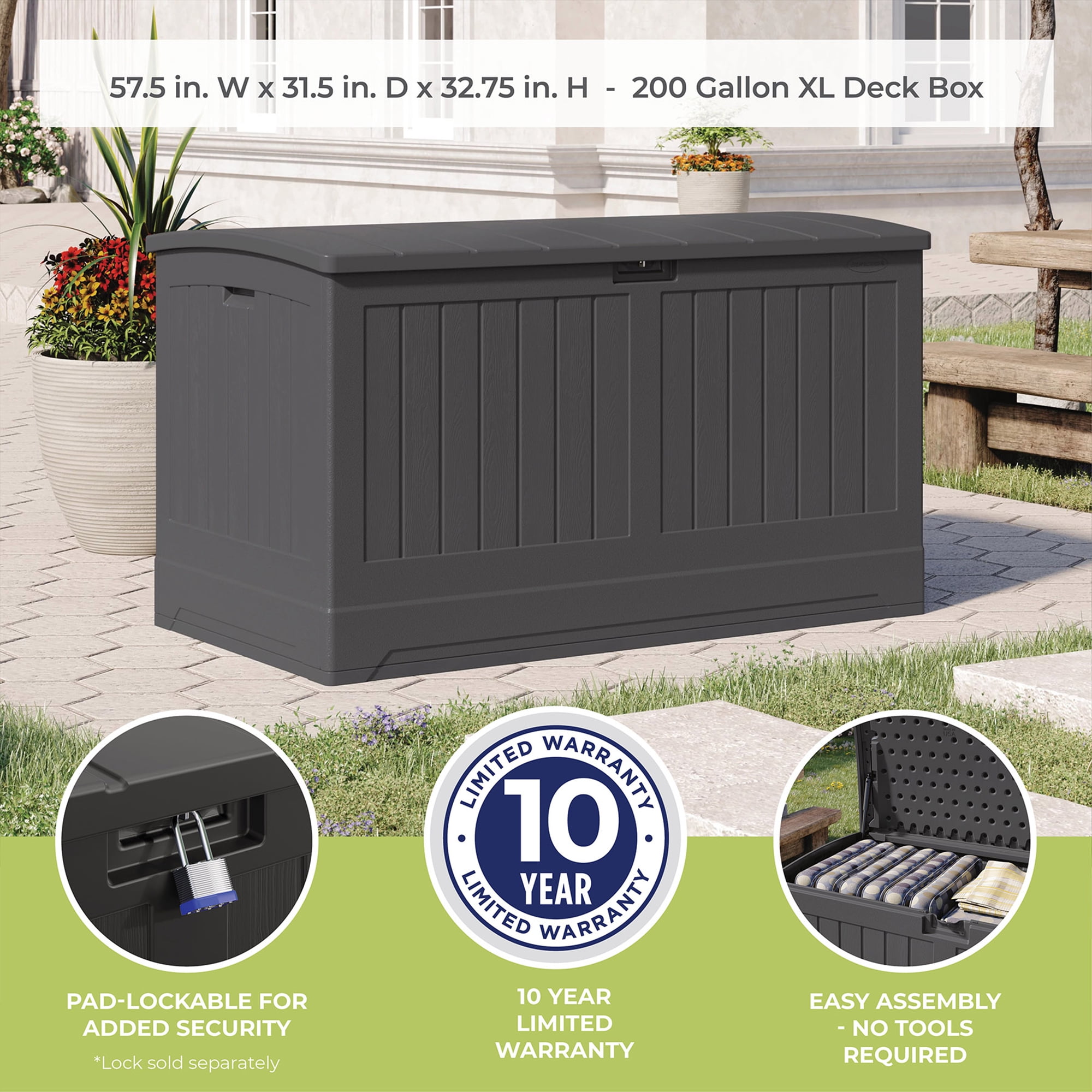 Keter Brightwood 120 Suncast 50-Gallon Dark Grey Resin Deck Box