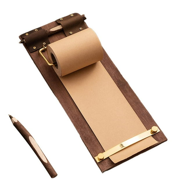 Retractable Kraft Paper Roll Holder Memo Board Wall Mounted Wooden Clipboard with Cutter Vintage Hanging Writing Pad Refillable Kraft Roll for Notes Lists Ideas
