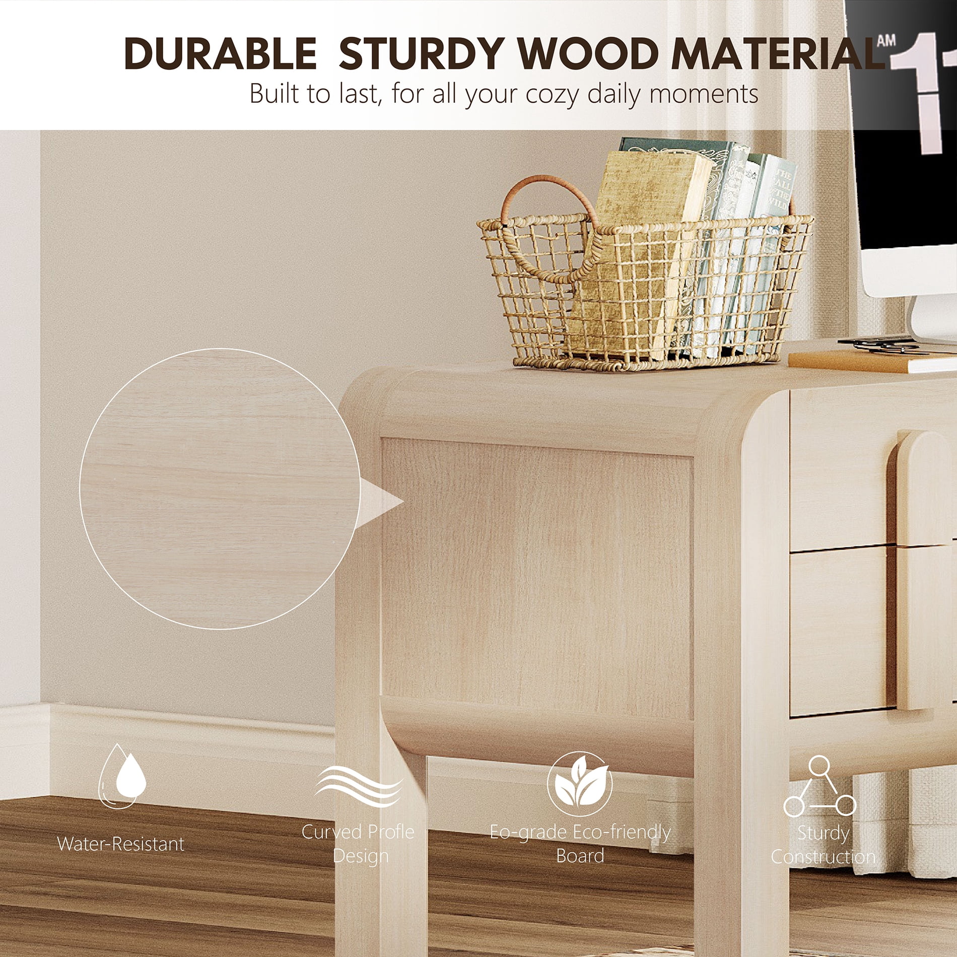 53.5"W Mid-century Modern Executive Desk with 5 Drawers , Home Office Desk With Charging Station，Wood Computer Desk With Curved Profile Design，Standing Desk For Business Furniture Set Workstation