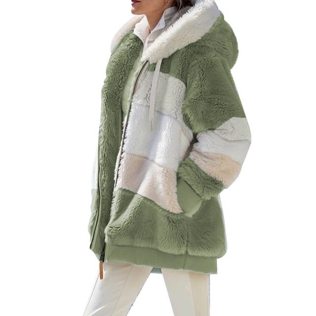 Moda mujer invierno abrigo de felpa empalme con capucha manga larga cremallera bolsillo cálido chaqu Tomshoo 4X-grande