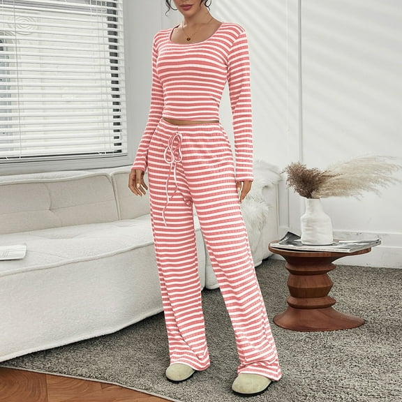 Cadancy Matching Lounge Sets for Women Striped Pajamas Set Square Neck Long Sleeve Crop Tops Drawstring Waist Wide Leg Pants Loungewear Pjs Outfits 2025