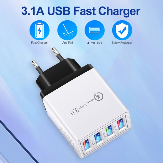4 USB Quick Charger QC 3.0 Fast Charge Charging Wall Adapter for Smart Phone