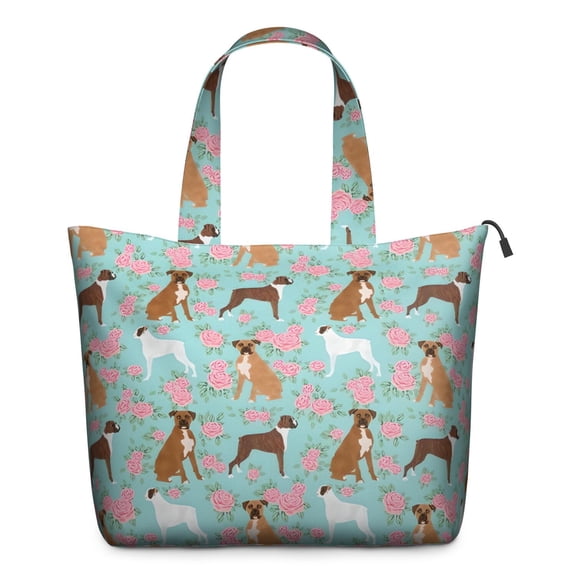 Cute Boxer Dog and Flowers Florals Travel Tote Bags for Women Carry On,Large Weekender Bags for Women Travel,Multi Functional Duffle Bag for Work,Shopping,Sports