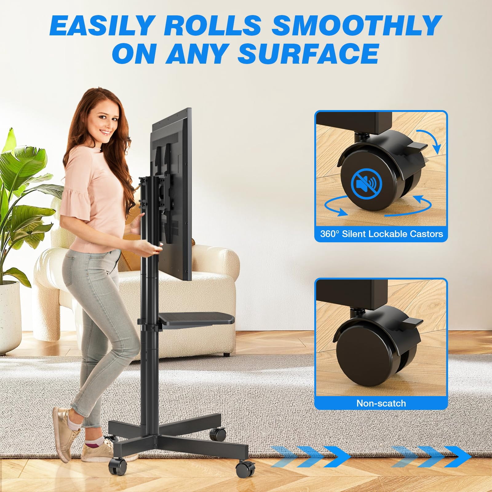 Rolling TV Stand with Laptop Shelf, Mobile TV Stand with Upgraded Wheels for 32-75 Inch TVs, Height Adjustable Mobile TV Cart up to 88lbs, Portable TV Mount Stand for Outdoor, Home, Office
