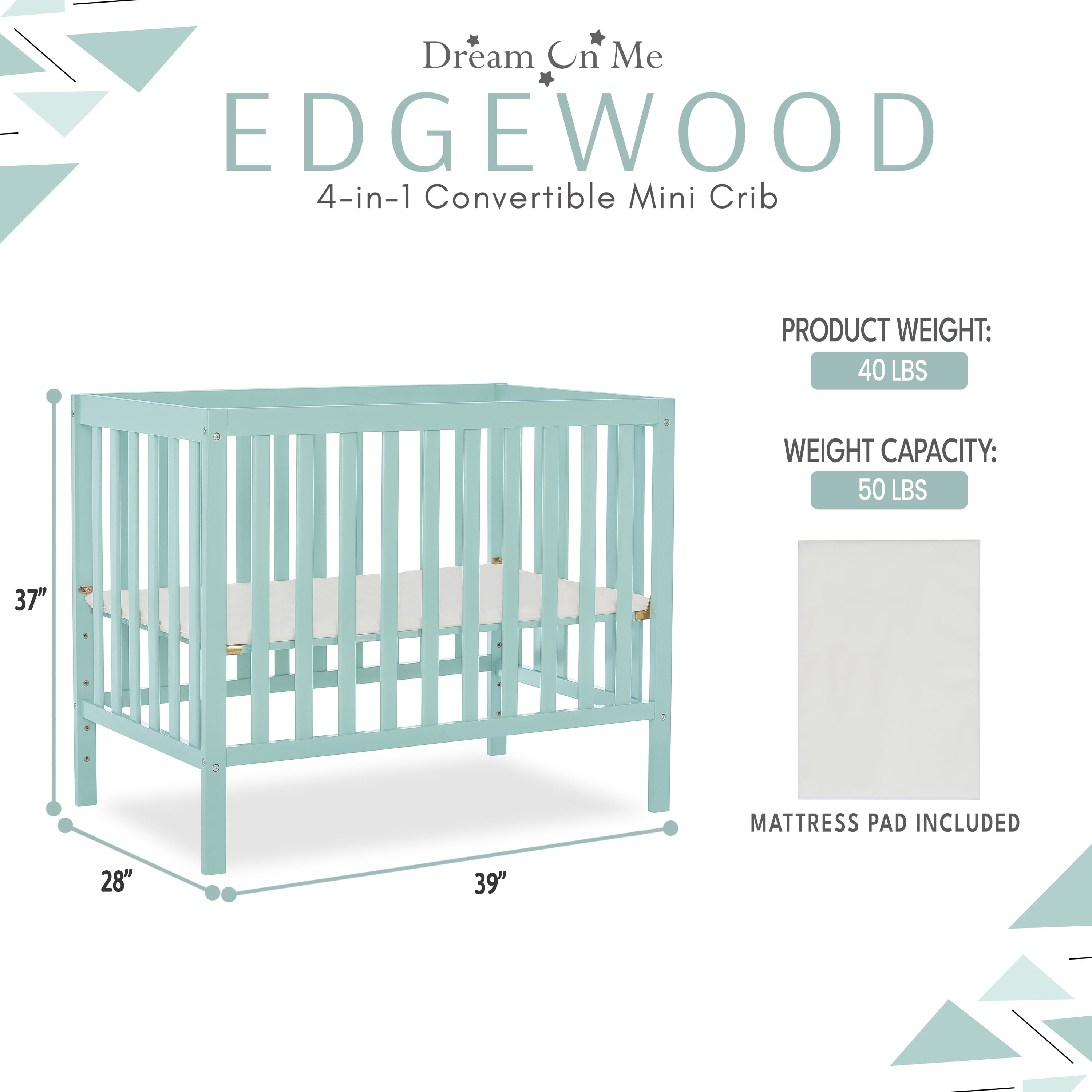 Dream On Me Edgewood 4-In-1 Convertible Mini Crib In Mint