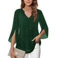 thumbnail image 4 of JSheng Fashion Mesh 3/4 Sleeve Tops for Women Solid Color Mesh Gold-foiled Sparkling Breathable Party Gathering V-neck Top Army Green L, 4 of 5