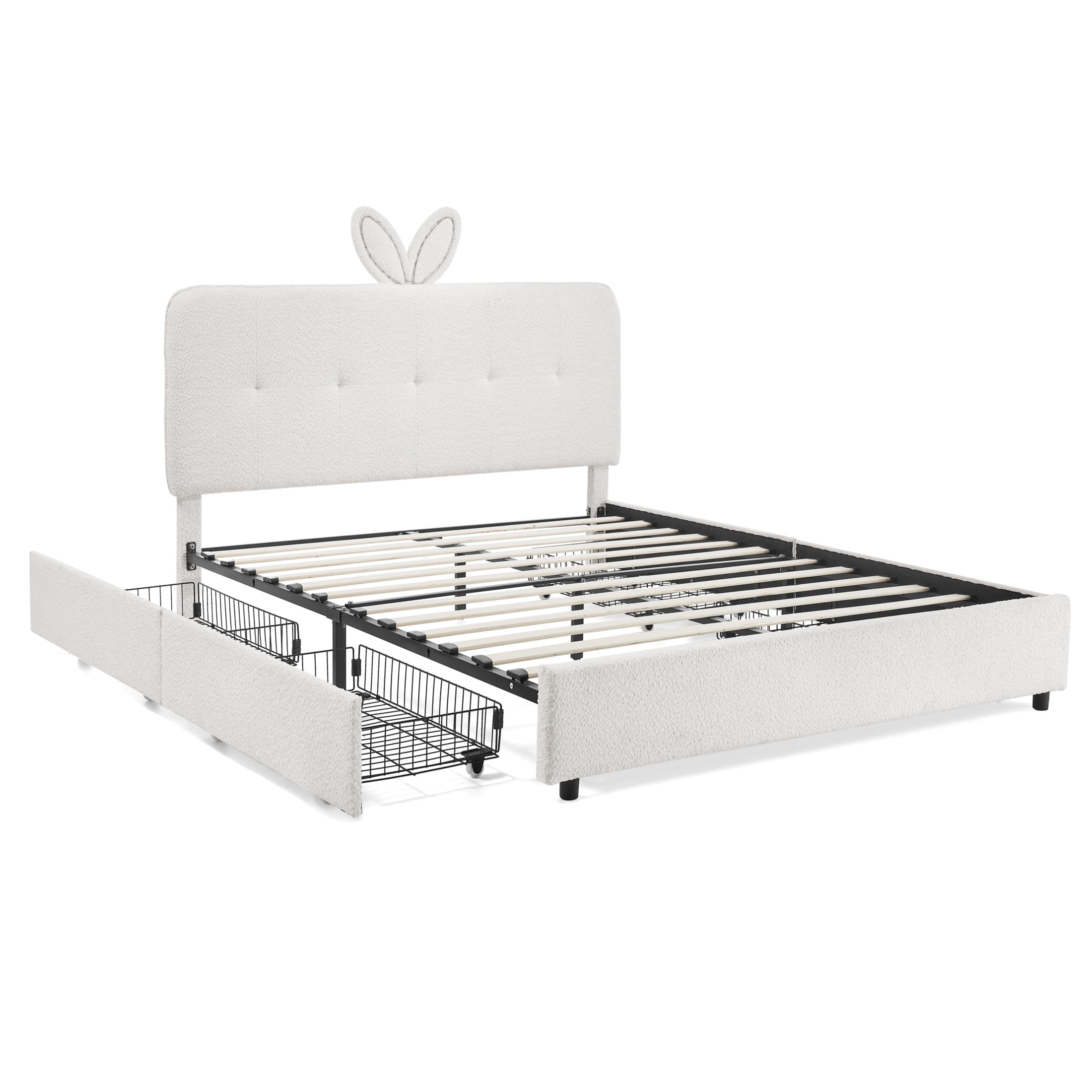 Noble House Bertis Queen Size Boucle Kids Bed, Rabbit Ear Headboard Bed Frame with LED Light and Storage Drawers, Beige