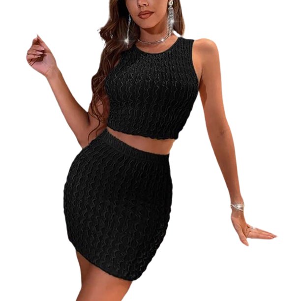 SAYOO Traje de verano de dos piezas para mujeres, chaleco de costura + vestido de cintura alta SAYOO moda
