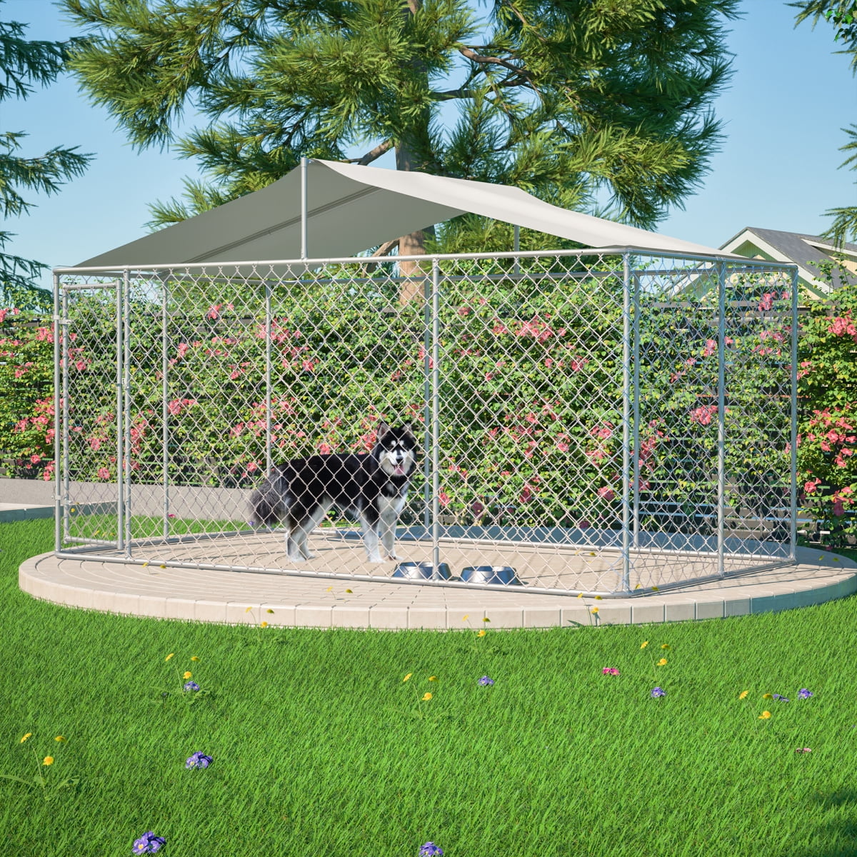 LuckyNote Heavy Duty Outdoor Dog Kennel 13.1x7.5x7.6 ft, Galvanized Chain Link Playpen with Waterproof Anti-UV Cover, Secure Lock, Grey
